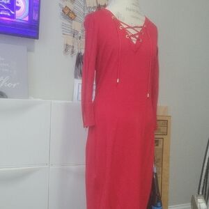 Calvin Klein Collection Red Lace-Up Long Sleeve Dress